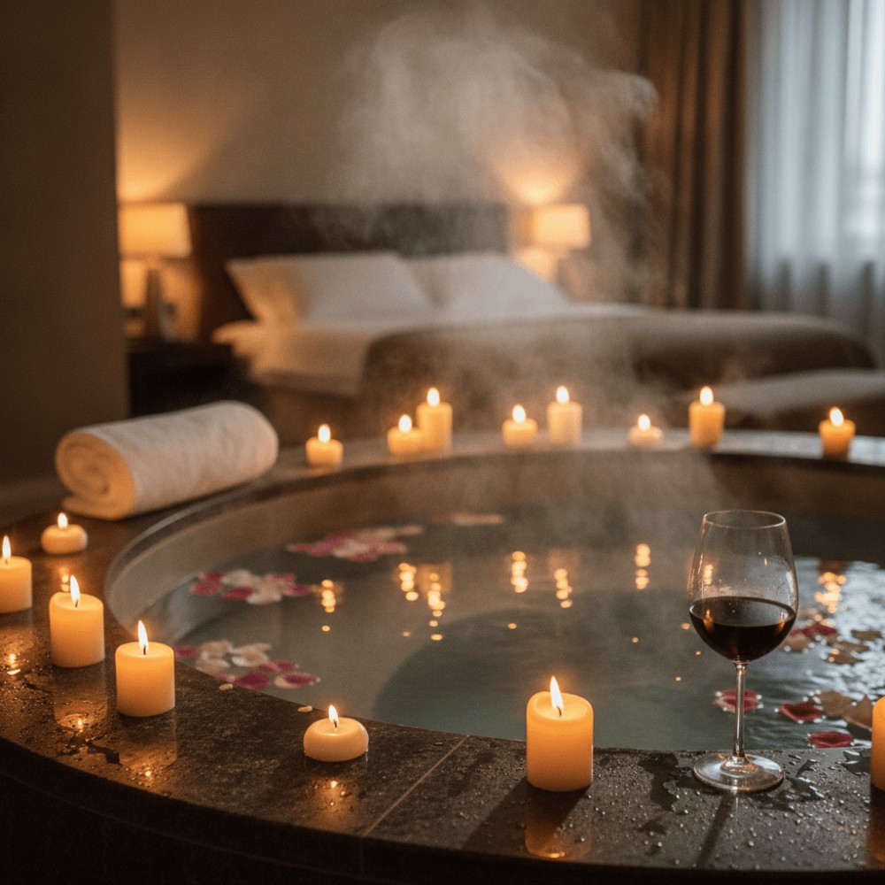 Gros plan sur un jacuzzi privatif fumant entouré de bougies dans une suite romantique